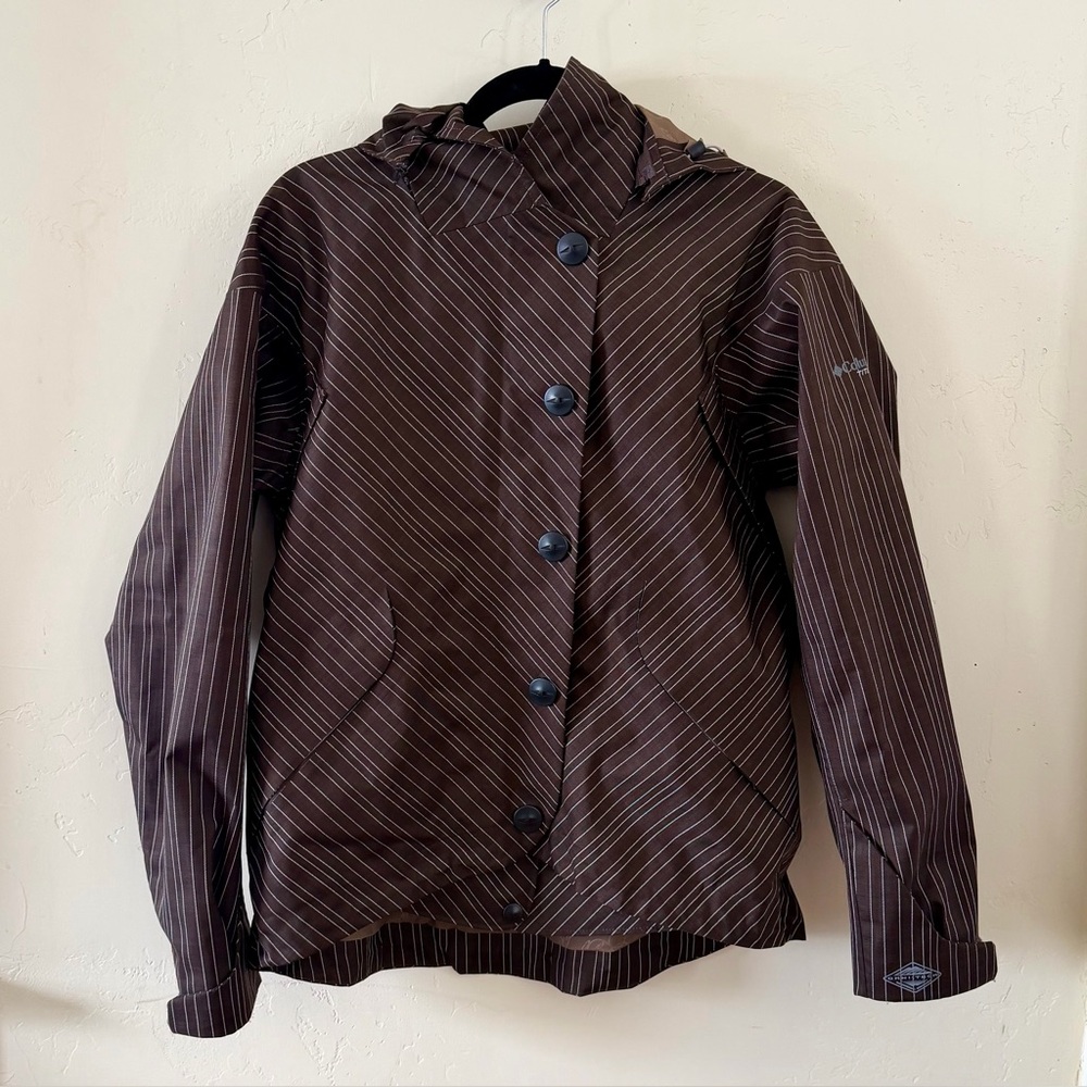 COLUMBIA Titanium Omni-Tech - Women's Brown Striped Hooded Ski Jacket - Med- EUC